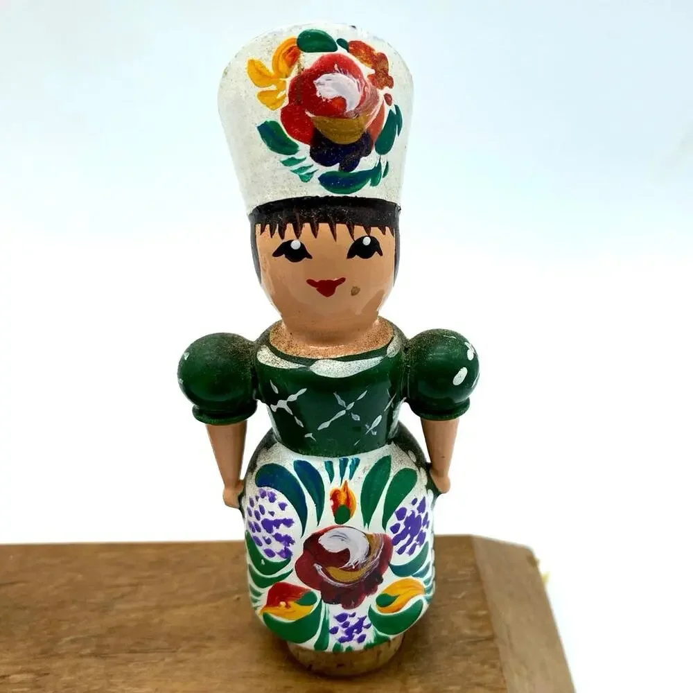 Vintage Hungarian‎ Hand Painted Folk Art Dolls Bottle Stoppers 3 with wood stand